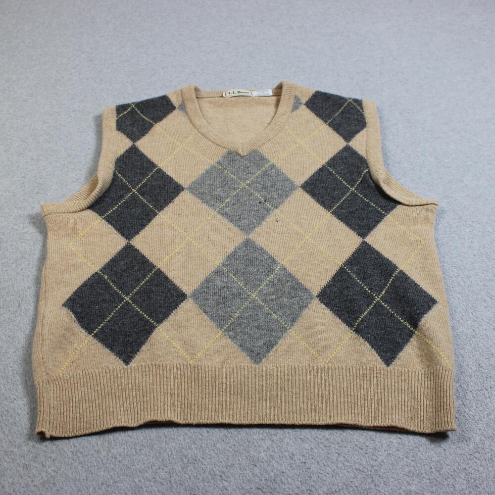 LL Bean Lambswool Sweater Vest Mens Medium Beige Argyle Scotland Heritage READ